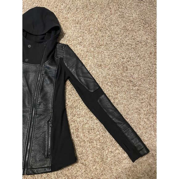 Blanc Noir Women's Asymetric Hooded Moto Jacket Faux Leather Black Size S - Picture 3 of 14